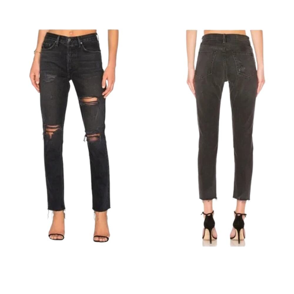 GRLFRND Button Fly High Distressed Skinny Rise Karolina Jeans in Raven Size 26